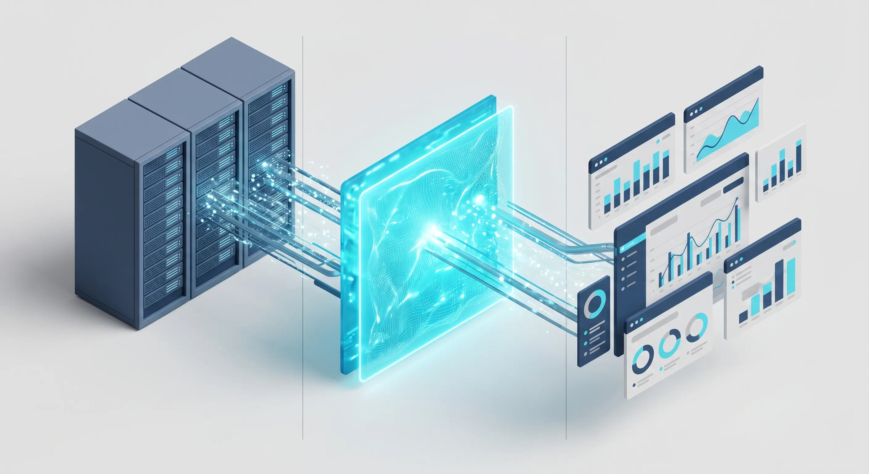 Isometric architecture diagram showing legacy Epicor P21 server infrastructure on the left, connected through a glowing cyan data transformation layer in the center, outputting to multiple modern analytics dashboards and KPI widgets on the right