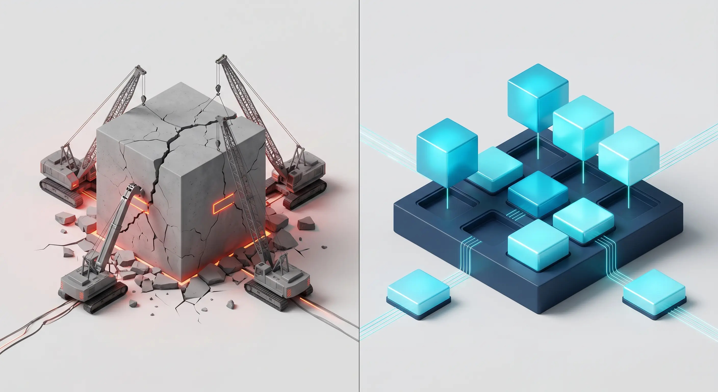 Comparison diagram showing destructive rip-and-replace ERP migration with crumbling infrastructure on the left versus modern modular ERP augmentation architecture with connected components on the right