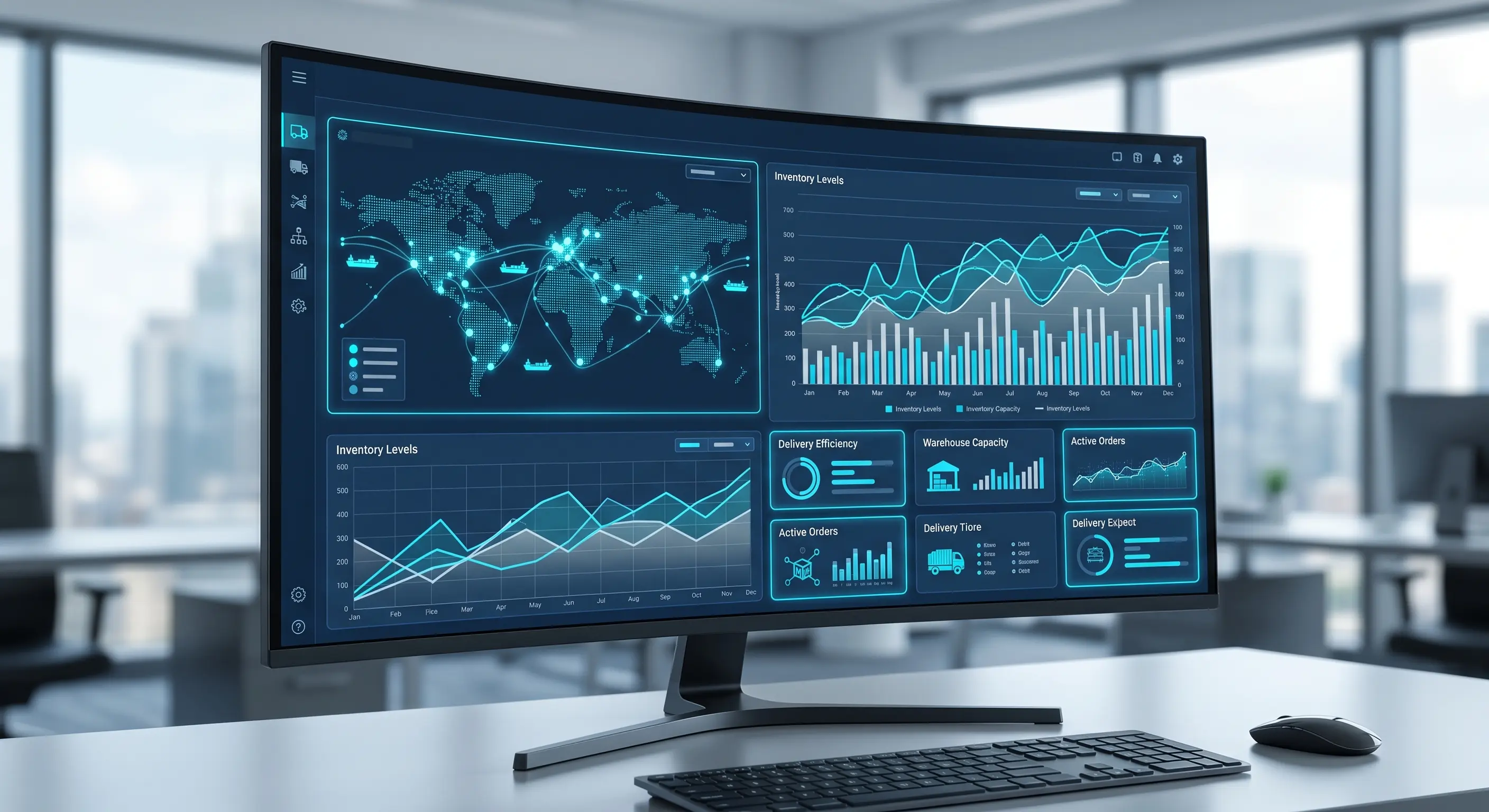 Real-time supply chain analytics dashboard on curved monitor displaying global shipping map, inventory levels, delivery efficiency metrics, and warehouse capacity integrated with legacy ERP system