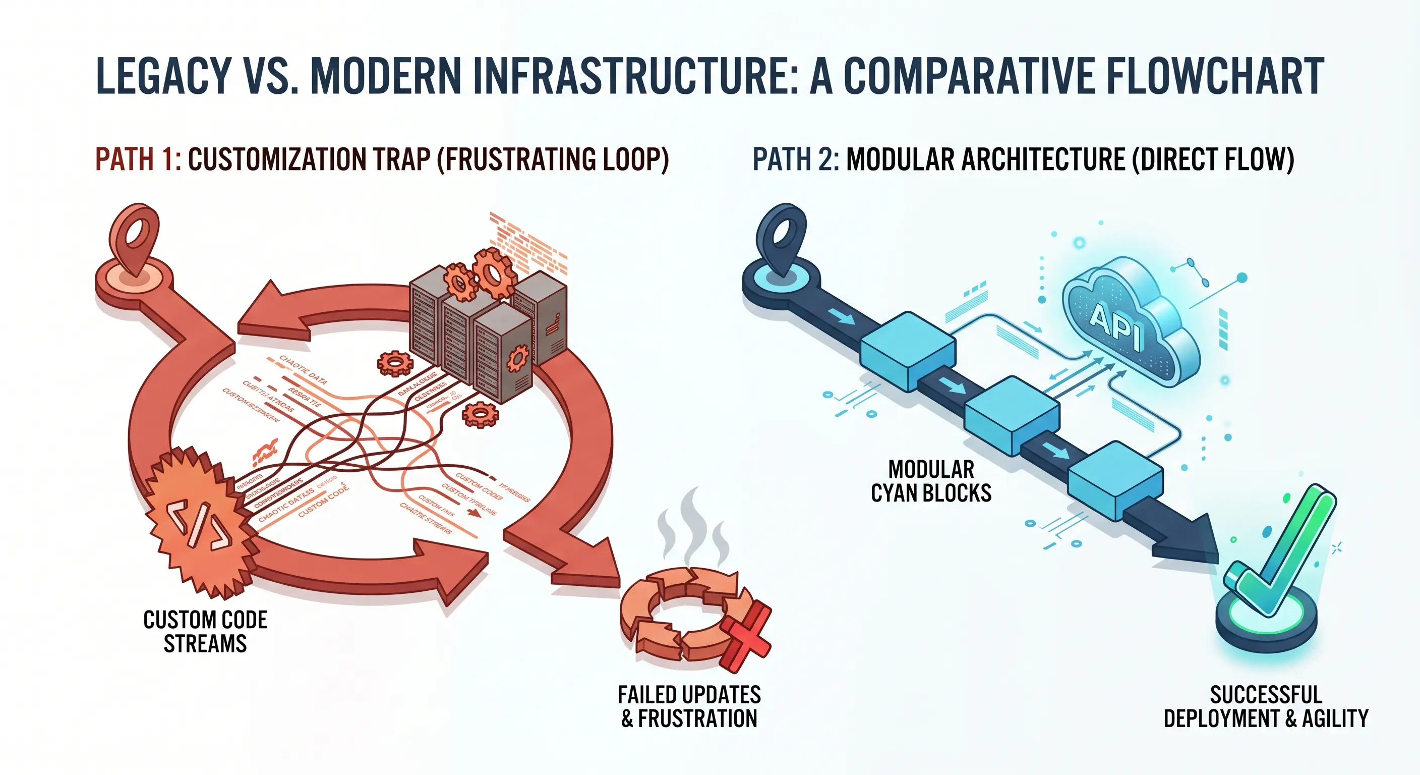 Comparative flowchart showing Path 1 Customization Trap with chaotic code streams and failed updates versus Path 2 Modular Architecture with clean API connections leading to successful deployment