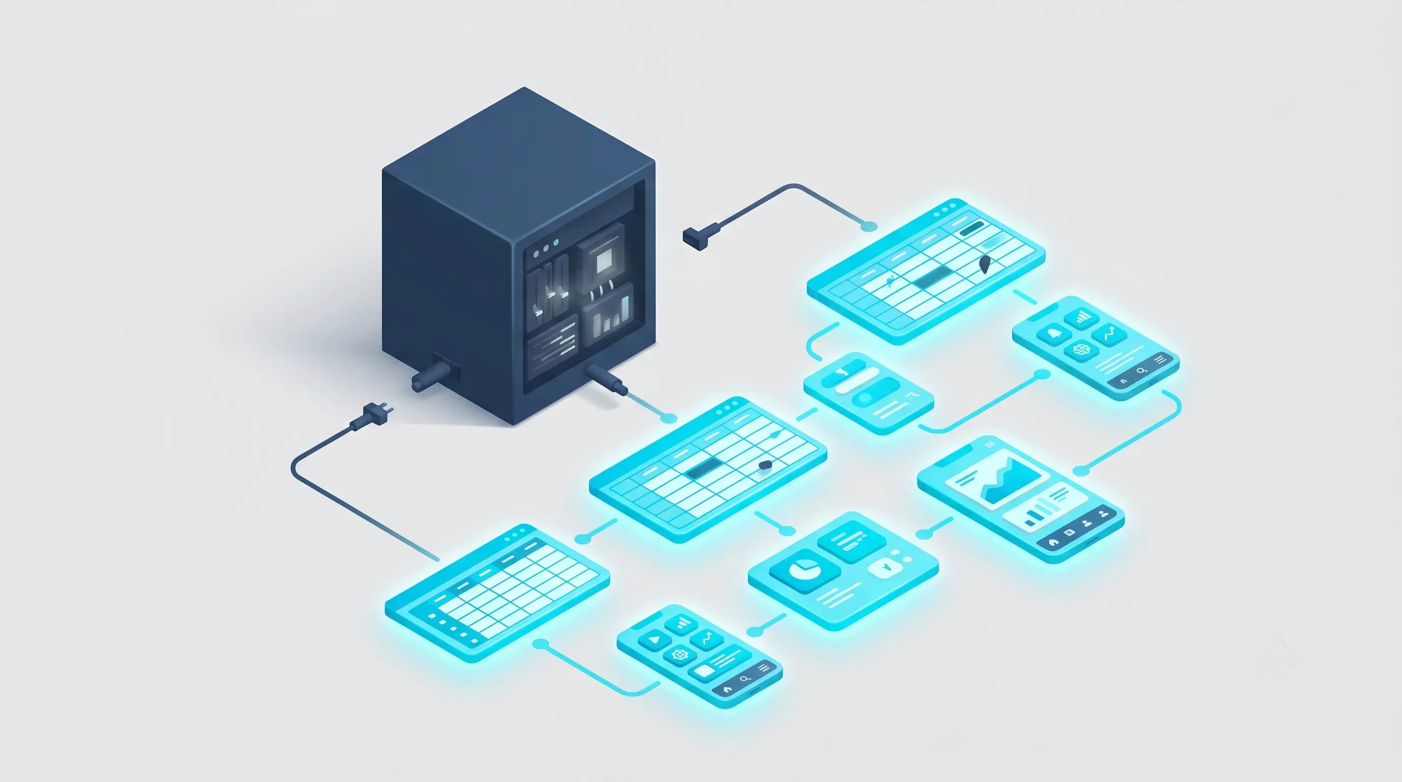 Operations software connected to multiple frontline devices and workflows showing a dark legacy server connected via cables to glowing cyan mobile apps and tablets